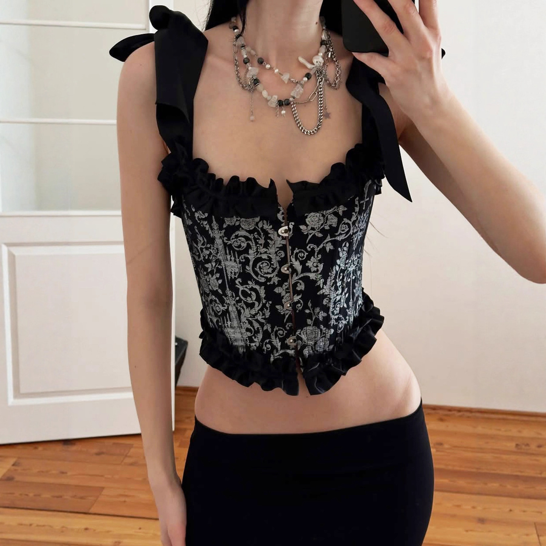 亚马逊女装暗黑哥特风印花撞色束腰修身抹胸花边拼接吊带