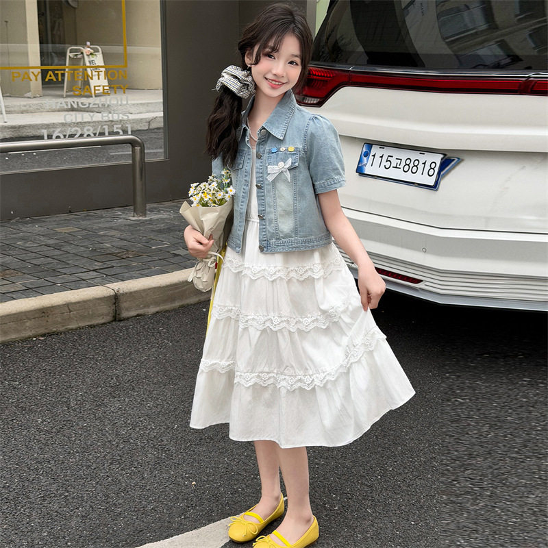 女童春夏连衣裙2026新款女大童夏季牛仔外套吊带裙儿童两件套裙子