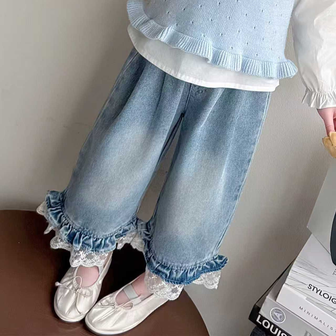 女童春装裤子2026新款宝宝花边牛仔裤儿童洋气女孩春秋直筒阔腿裤