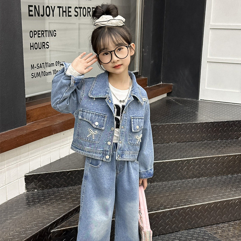 女童牛仔套装春秋款2026新款女大童时尚外套牛仔裤两件套潮酷春装