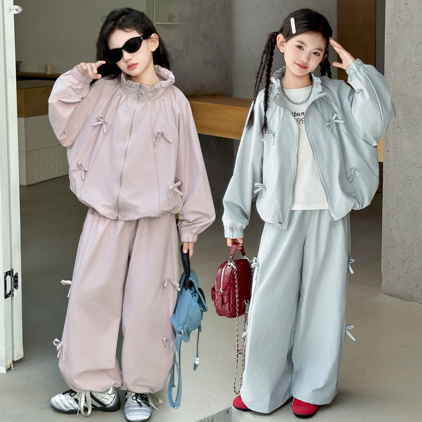 女童春秋季套装2026新款中大童运动蝴蝶结工装外套长裤休闲两件套