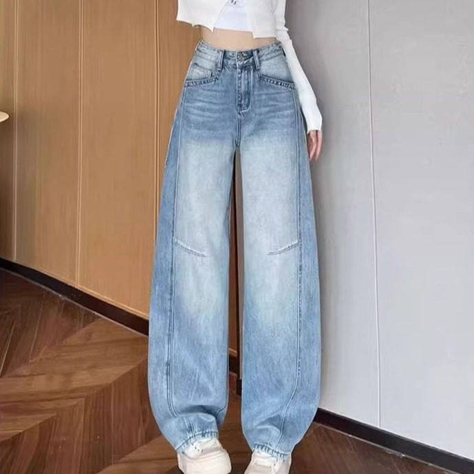 春秋2025新款浅蓝色阔腿牛仔裤女高腰九分弯刀休闲百搭直筒裤女装