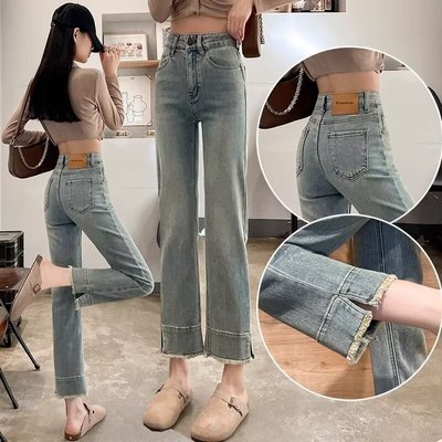 夏季新款流苏直筒牛仔九分裤