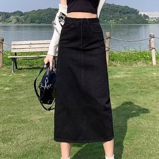 高腰开叉牛仔半身裙女2025新款春秋款小个子a字半裙黑色包臀长裙