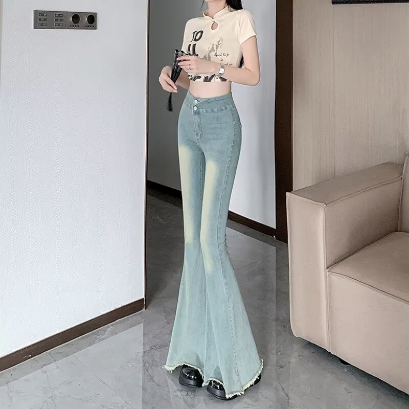 复古毛边鱼尾大喇叭裤女