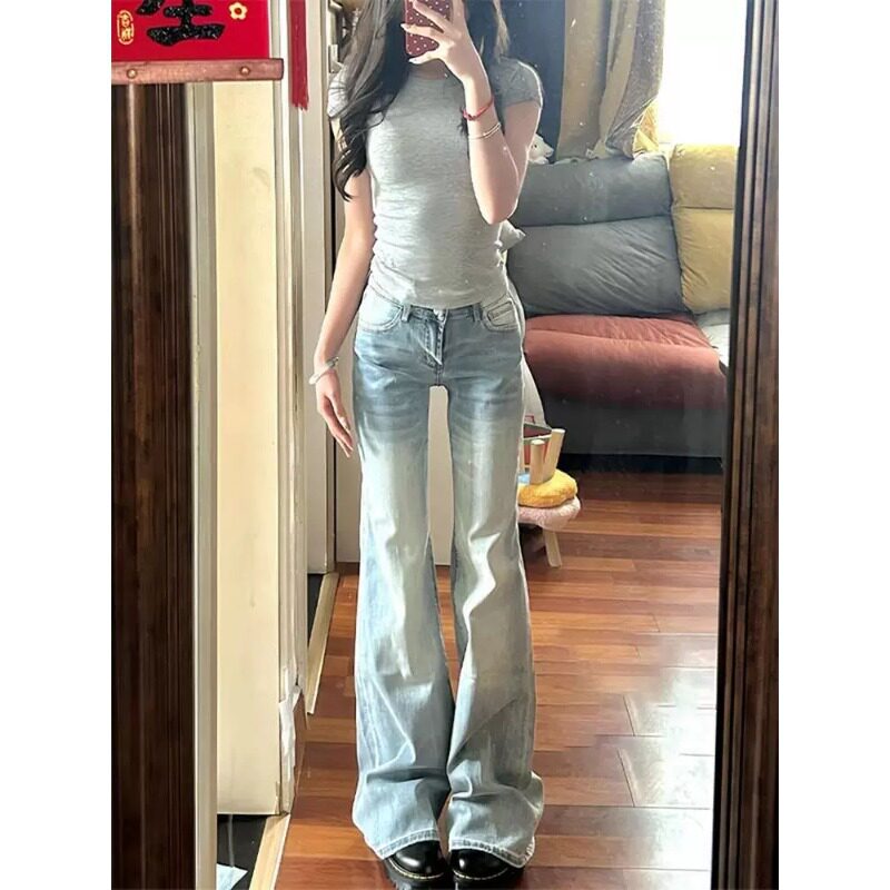 复古微喇牛仔裤女春夏季大码胖mm梨形身材遮肉显瘦弹力马蹄长裤