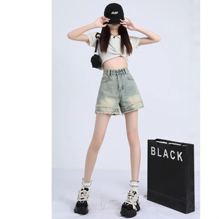 美式双层毛边牛仔短裤女2025夏季新款复古港味宽松阔腿裤高腰热裤