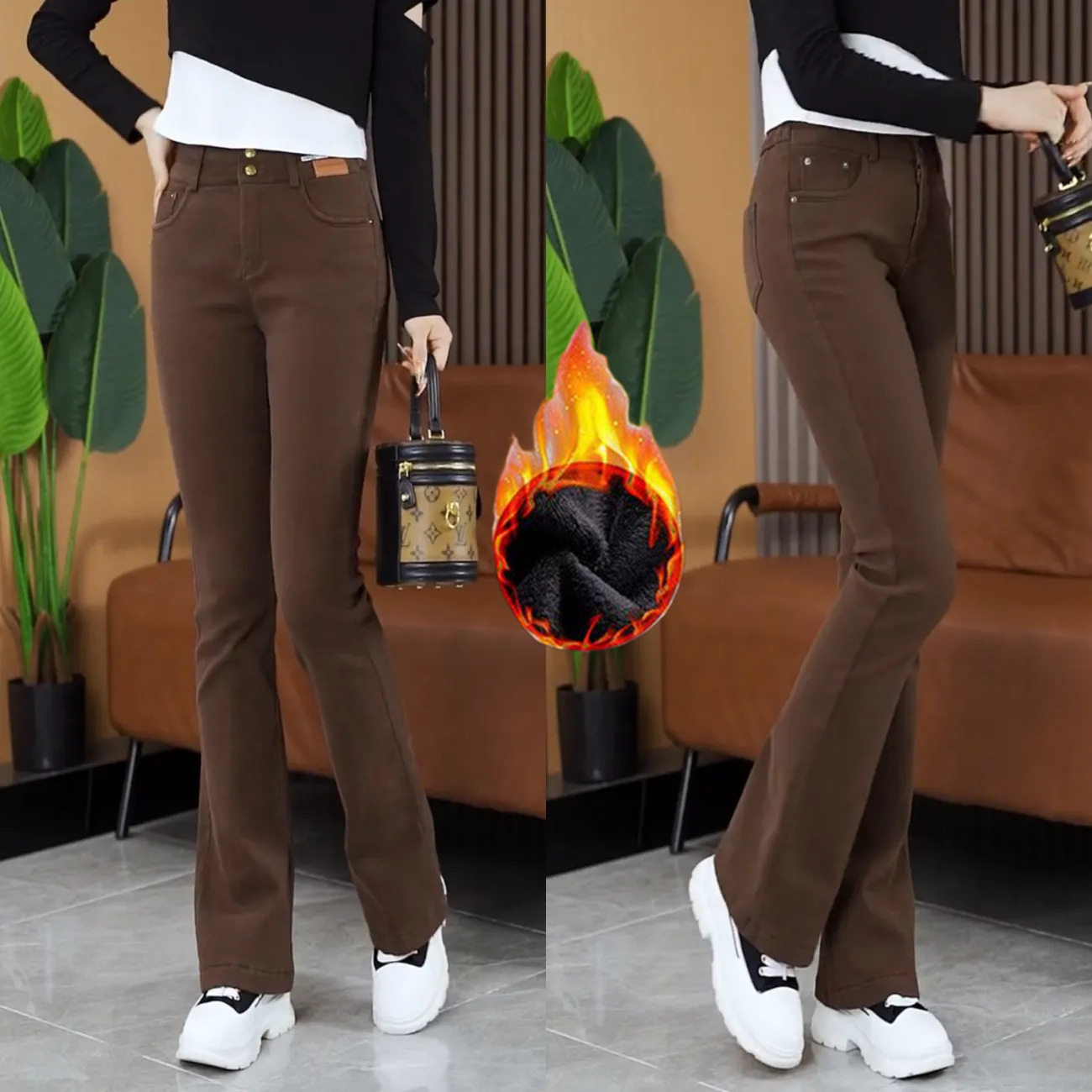 加绒高腰微喇牛仔裤女2025年秋冬季新款垂感宽松阔腿马蹄喇叭裤子