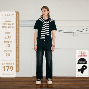 男秋 KREATEcleanfit高街做旧黑色水洗宽松直筒牛仔裤 NewJeans
