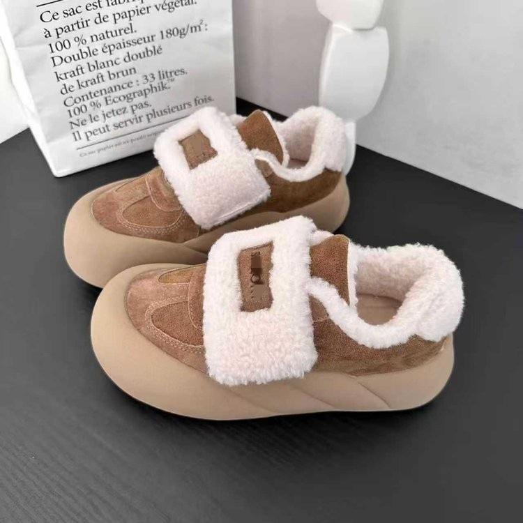日系奶呼呼加绒泡芙鞋女懒人魔术贴美式复古板鞋秋冬羊羔绒棉鞋子