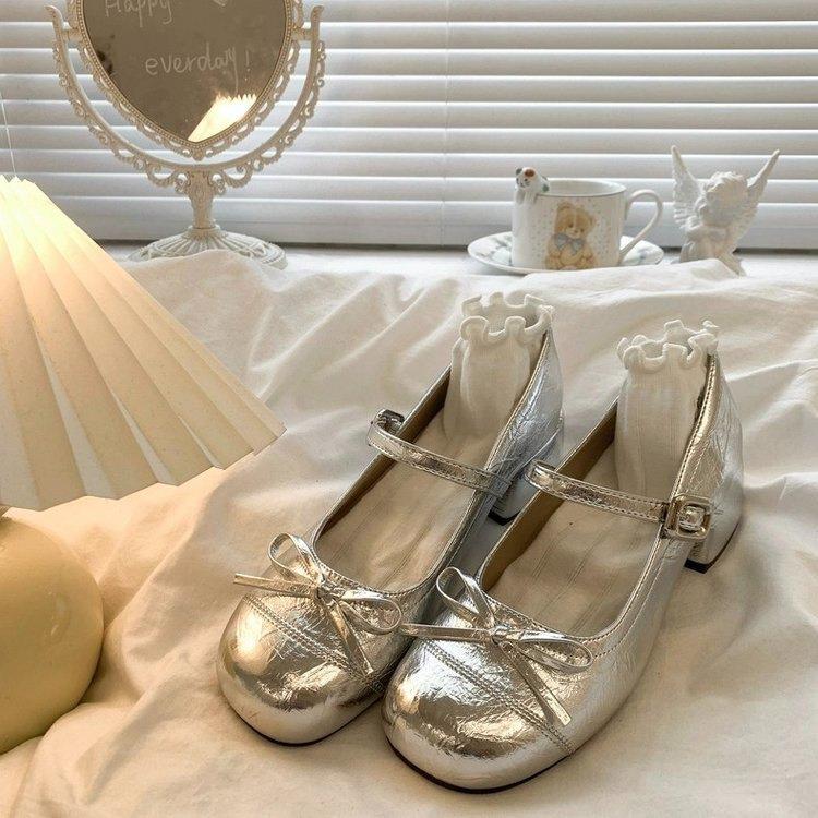法式银色浅口蝴蝶结厚底玛丽珍单鞋女2025秋季新粗跟配裙子小皮鞋