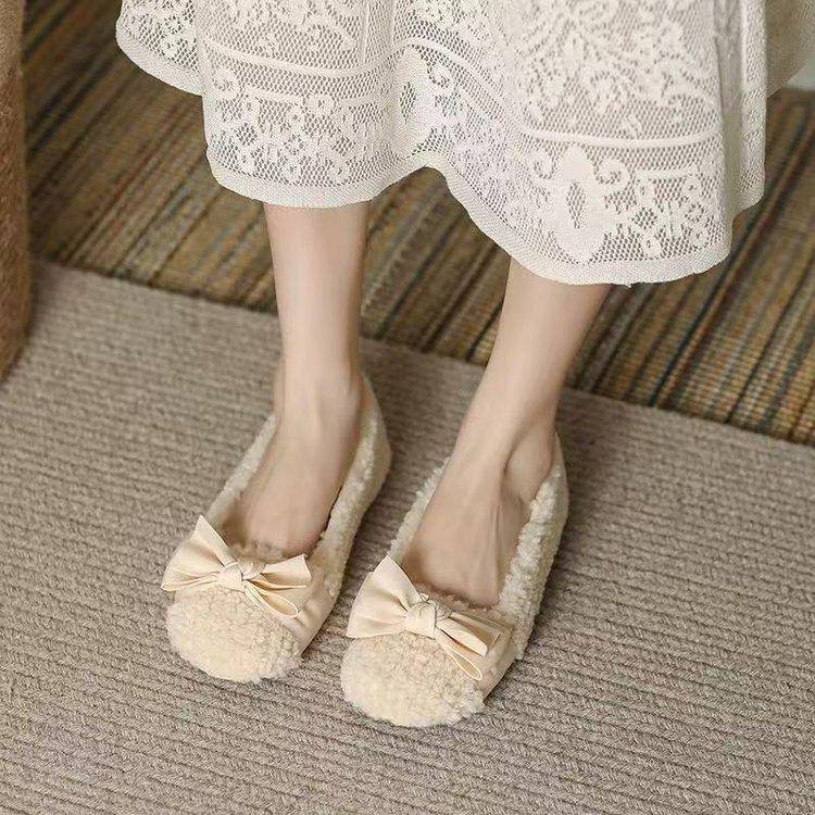 毛毛鞋外穿单鞋女2025秋冬季新款加绒舒适休闲蝴蝶结豆豆鞋子棉鞋