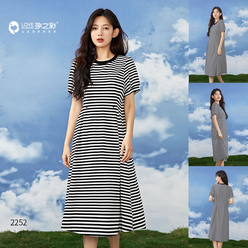孕之彩2023夏款孕妇长裙纯棉短袖过膝连衣裙产后可穿YWQ292252