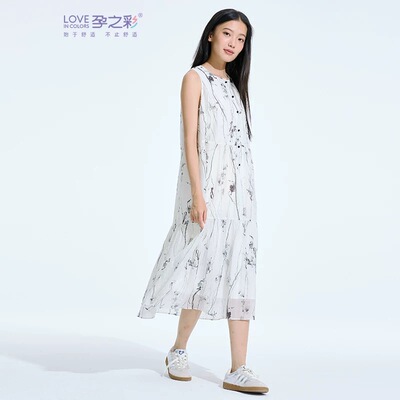 孕之彩夏装无袖孕妇天丝连衣长裙
