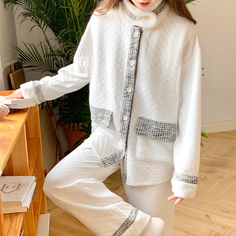 小香风夹棉秋冬哺乳月子服套装空气棉睡衣家居服喂奶衣