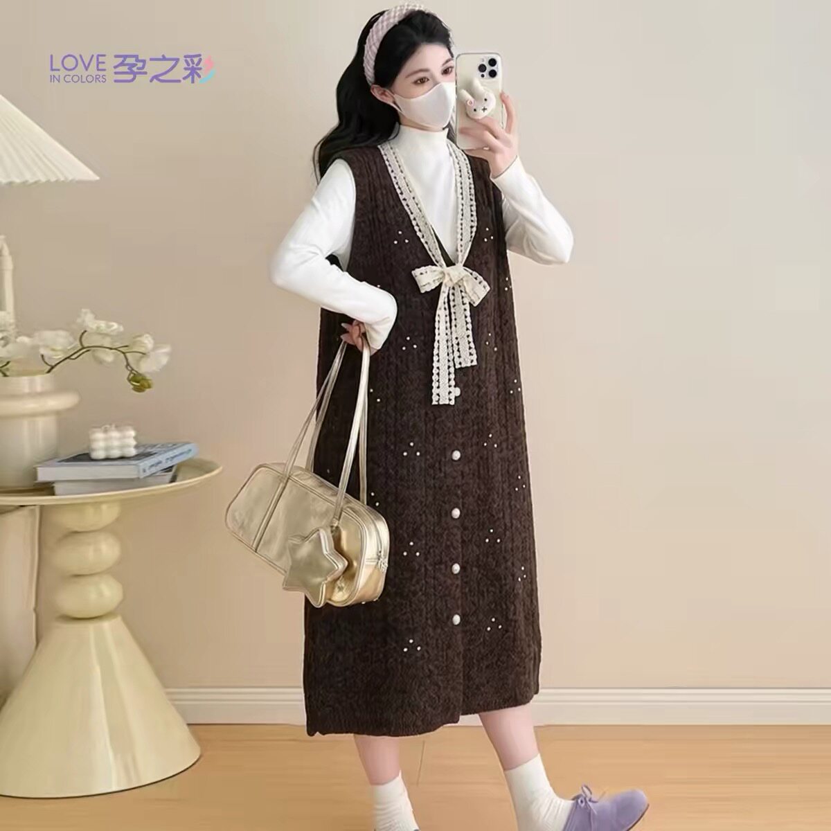 孕之彩孕妇连衣裙秋冬背心裙套装