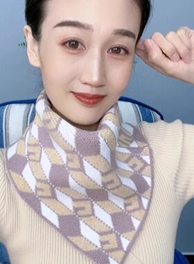 韩版冬季加厚三角巾女时尚针织护颈围脖气质高级感百搭千鸟格围巾