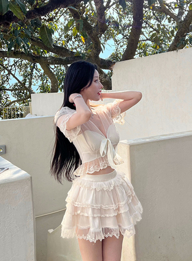 bear熊熊屋【梦幻芭蕾】 仙仙网纱蕾丝边泡泡袖上衣A字芭蕾裙套装