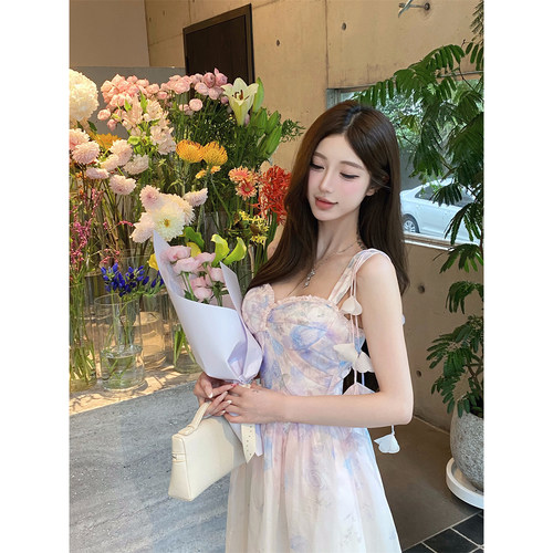 熊熊屋【粉紫鸢尾】仙气唯美手工缝钻穿珠花瓣收腰伞摆雪纺印花裙