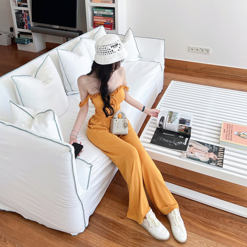 熊熊屋【橘子汽水】显白高弹针织木耳边吊带直筒阔腿裤休闲套装