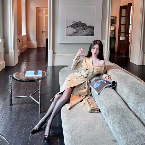 熊熊屋【都柏林的秋】大牌女人味合身廓形戗驳领长款风衣外套