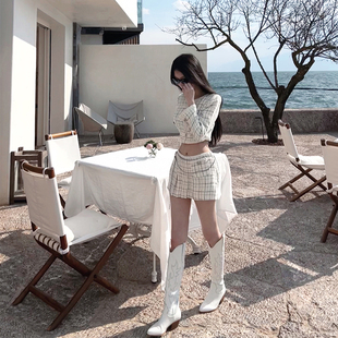 明星同款 露出丸美腰线高腰外套A字短裙腰链小香套装 有钱有颜