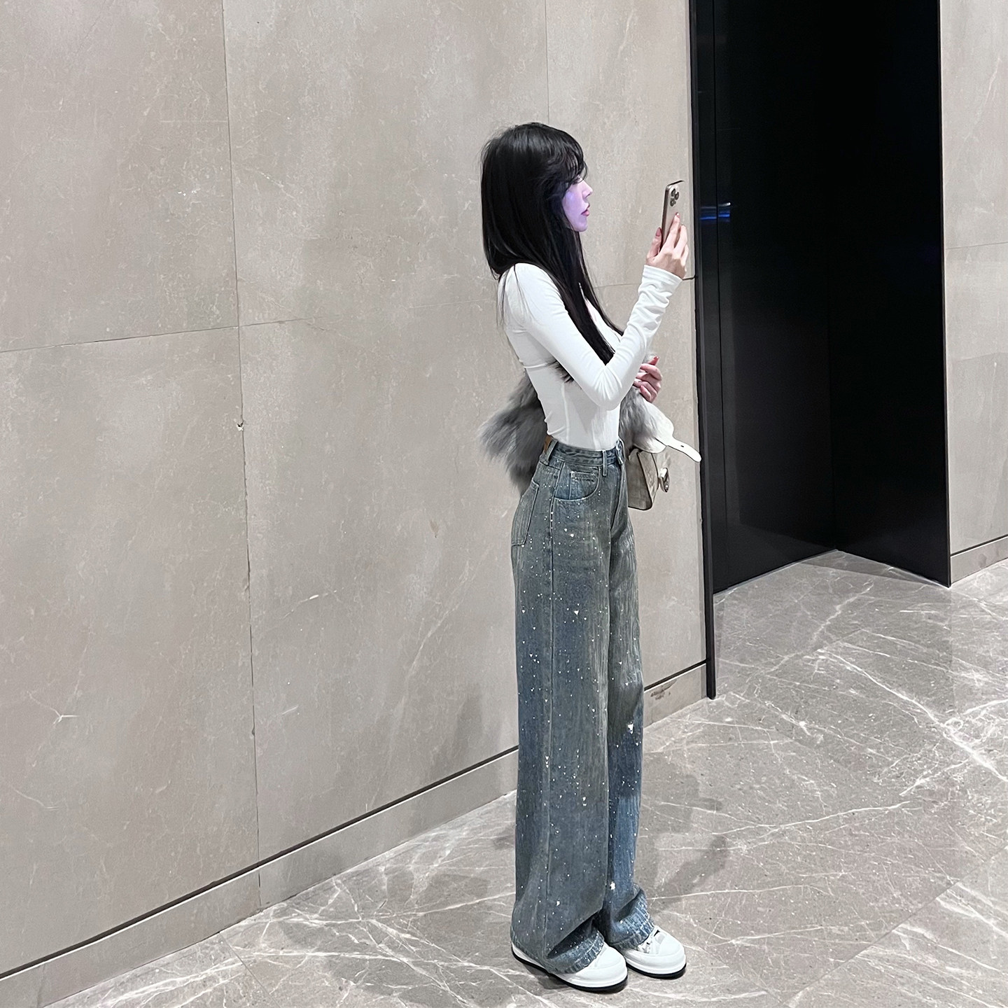 熊熊屋【璀璨流星】熊熊私服 重工烫钻直筒牛仔裤