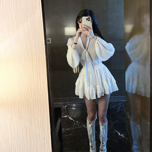 【月光柔纱】气质韩女仿真丝雪纺两穿V领飘带衬衫荷叶边短裙套装