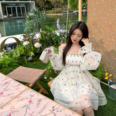 腰腹自由1.0 熊熊屋 田园花卉 甜美别致一字肩提花蓬蓬裙