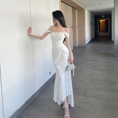 熊熊屋 包臀鱼尾连衣裙 收腰鱼骨抽褶拖尾婚纱式 法式 浪漫