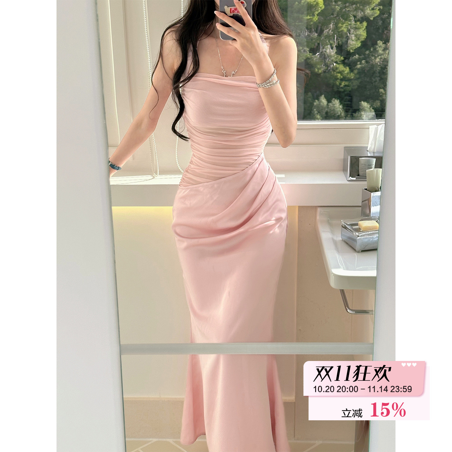 bear熊熊屋【缪斯女神】灰/粉 穿出折角腰抽褶斜腰拼接缎面连衣裙