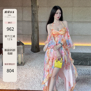 熊熊屋【落日珊瑚】莫奈花园 挂脖露肩泡泡袖荷叶边度假连衣裙