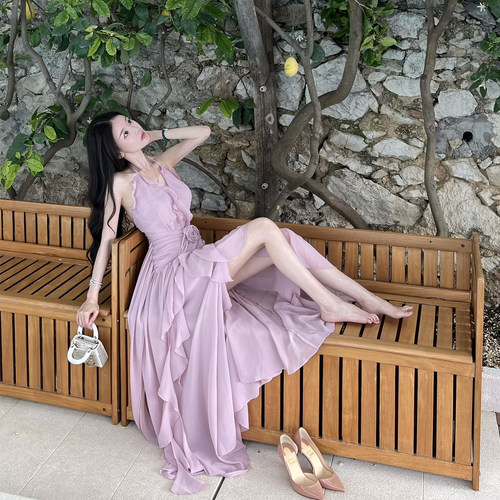 bear熊熊屋【沉鱼落雁】私服 珍珠雪纺挂脖荷叶边收腰花朵露背裙