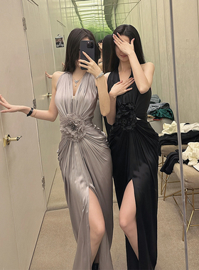 【泰国女明星】du家整条纯手工制作花朵挂脖露背轻奢礼服裙连衣裙