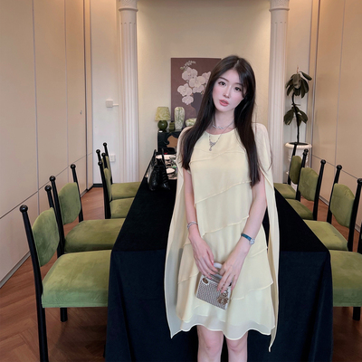 熊熊屋【淡颜女神】气质温婉两穿珍珠雪纺无袖荷叶边飘带连衣裙