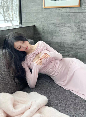 熊熊屋【温润美人】窈窕淑女养成水晶麻扭结镂空抽绳修身连衣裙