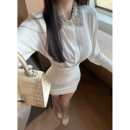 超高腰包臀粗花呢黑白两色半裙套装 高知领口订钻衬衫 千金佩拉