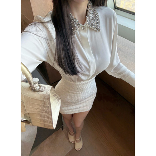 【千金佩拉】高知领口订钻衬衫超高腰包臀粗花呢黑白两色半裙套装