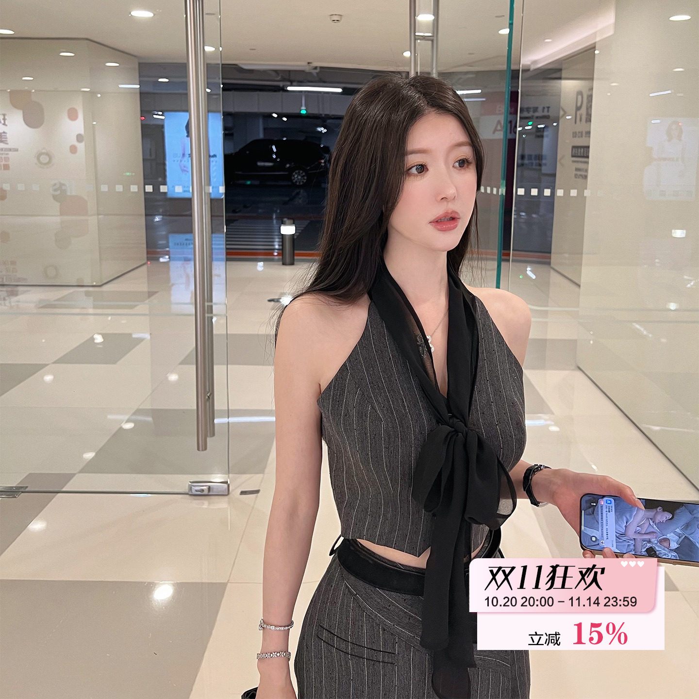 bear熊熊屋【大姐姐】烫钻挂脖上衣不规则A字裙裤白富美JK套装女