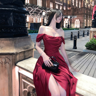 熊熊屋 用料3.5全手工捏折异形剪裁开衩波尔多红长裙 酒渍玫瑰