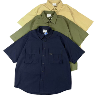 衬衫 日系阔版 短袖 户外工装 纯棉防撕裂立体口袋宽松百搭衬衣 夏季