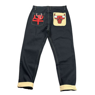 大刺绣 美式街头滑板黑明线直筒牛仔裤 嘻哈高街拼接微弹休闲长裤