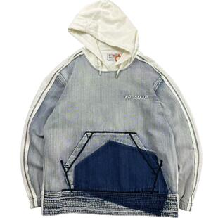 嘻哈潮款 做旧牛仔拼纯棉毛圈 宽松大版连帽卫衣 高品原包装牛货