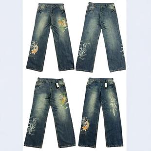 日单古着 竹节纹理洗水老牛仔料 帮会刺青万针绣男女大直筒牛仔裤