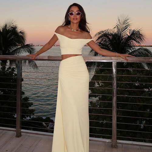 Womens Solid Color Off Shoulder Top Skirt Twopiece Set