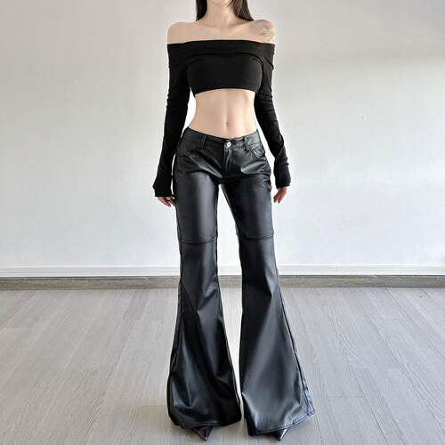 Women's Fashion Street Style Low Waist PU Leather Flared
