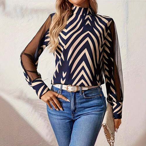 A ladies' geometric print patchwork netting long-sleeved