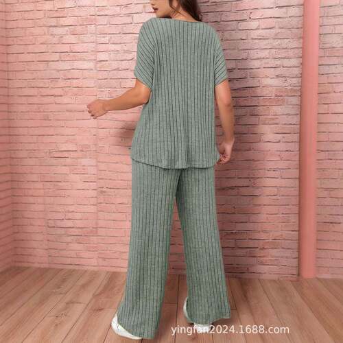 2 Counts Womens Textured Batwing Sleeve Tee Elastic Waist