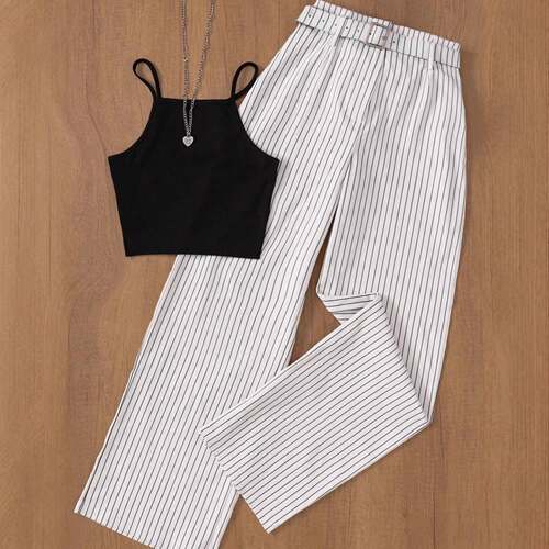 Casual Striped Sleeveless Top and Pants Set Suitable for