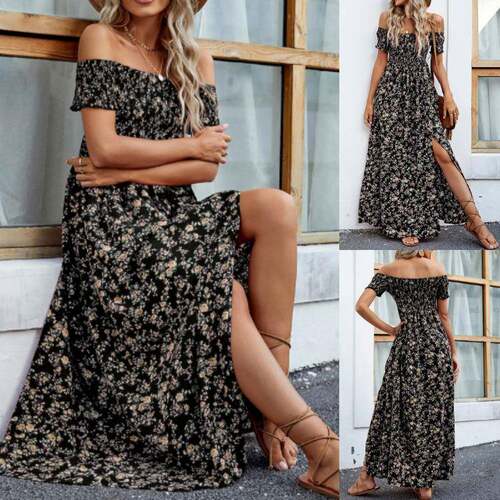 Women's Ditsy Floral Print Off Shoulder Long Dress  Elegant